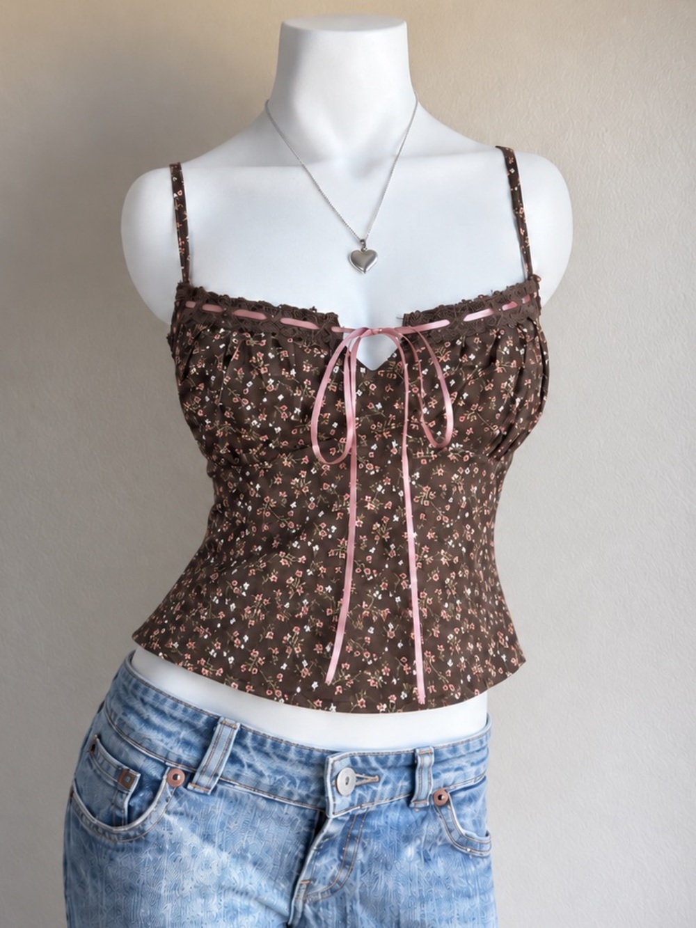 Beverly and Beck Brown Tie Front Pink Floral Babydoll Cami Fairy Y2K style XS